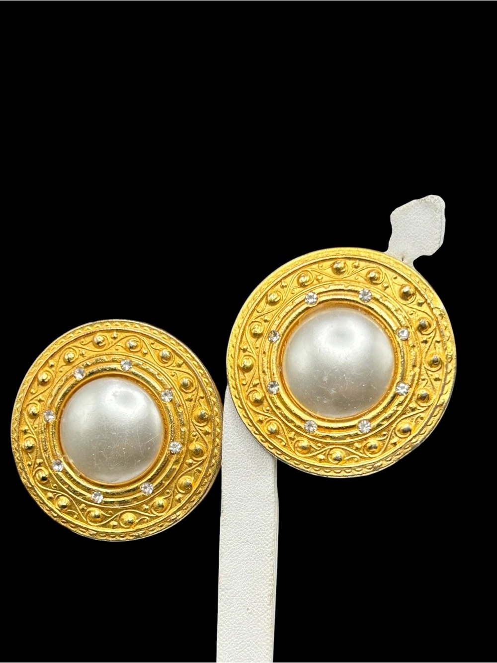 Huge Vintage 1980’s Faux Pearl Matte Gold Tone Clip Earrings